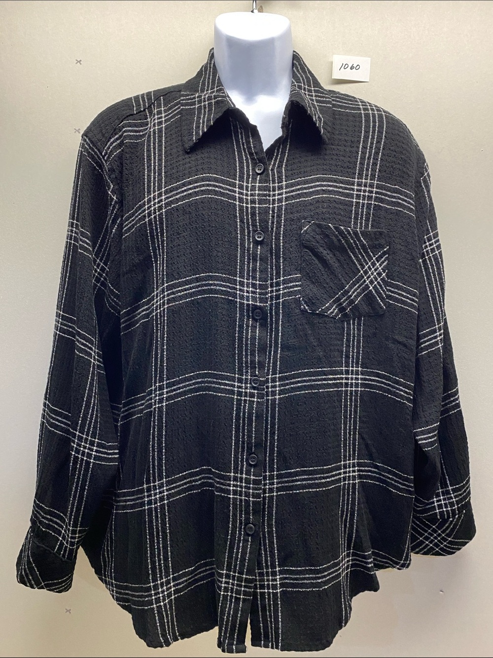 Lane Bryant Black Plaid Button-Down Shirt with White Trim